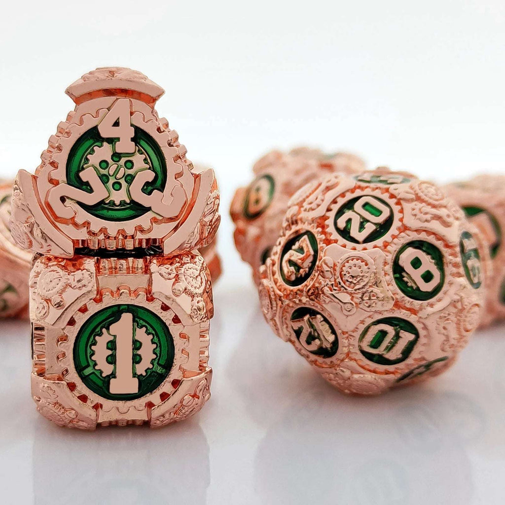 Mechanical gear theme rose gold case with emerald green digital metal dice set