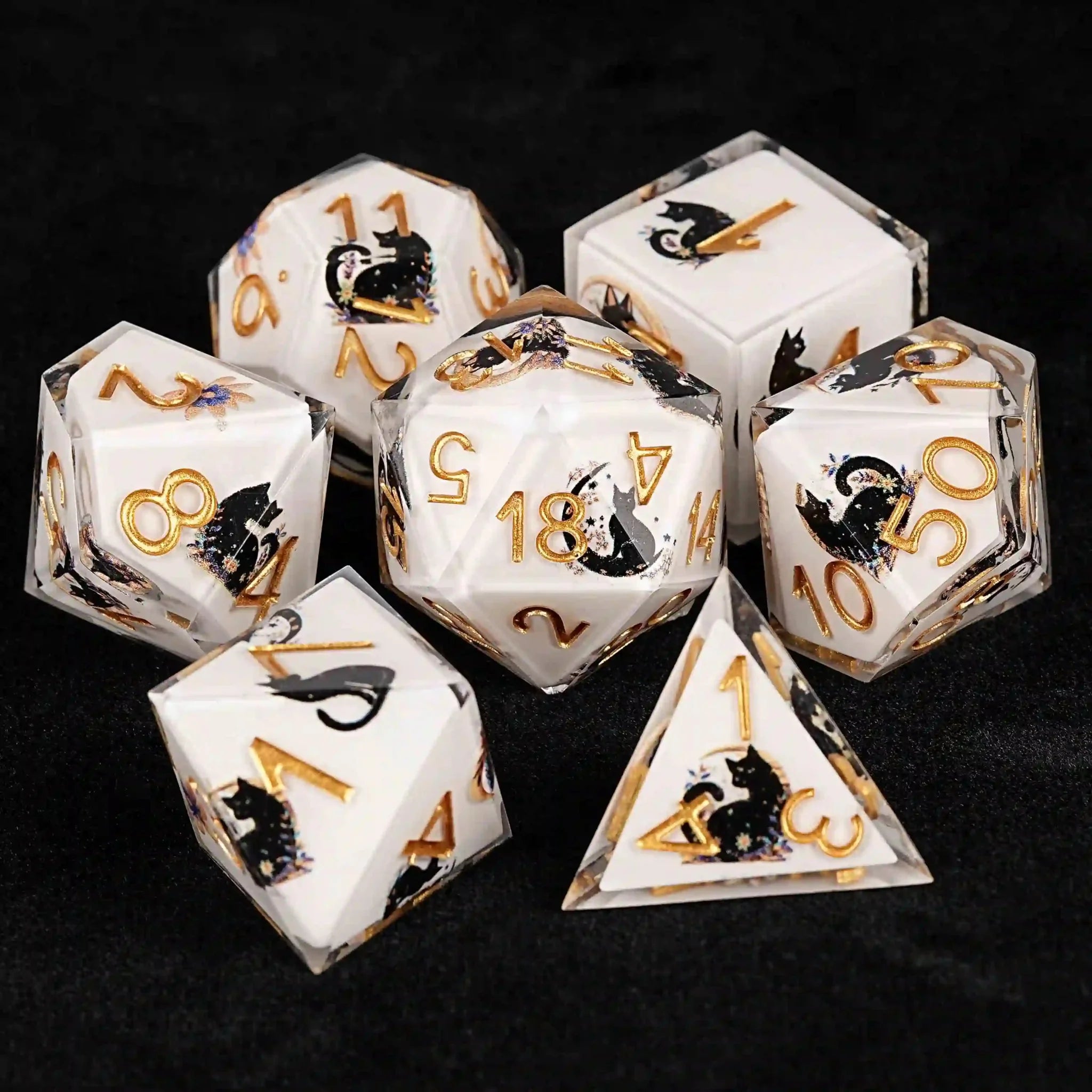 Moon Night Shadow Cat Guardian Unusual White Resin DnD Dice Set