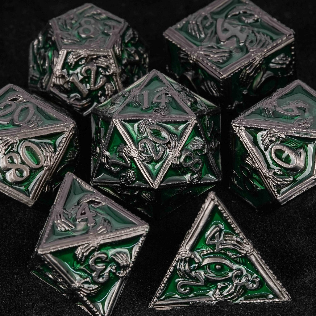 Mystic Wizard - Dark Skeleton Hand Metal DND Dice Set