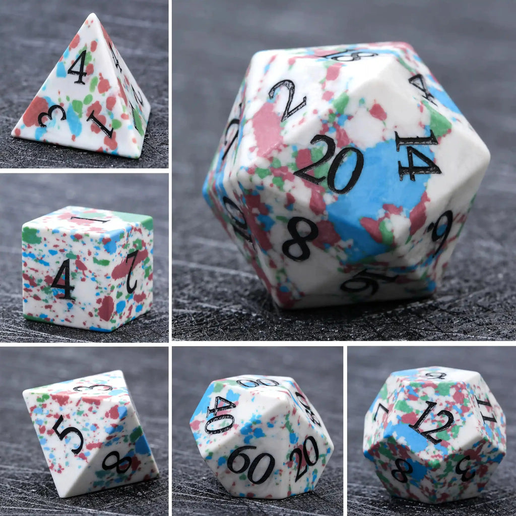 Natural color spotted gemstone DND dice set + black font