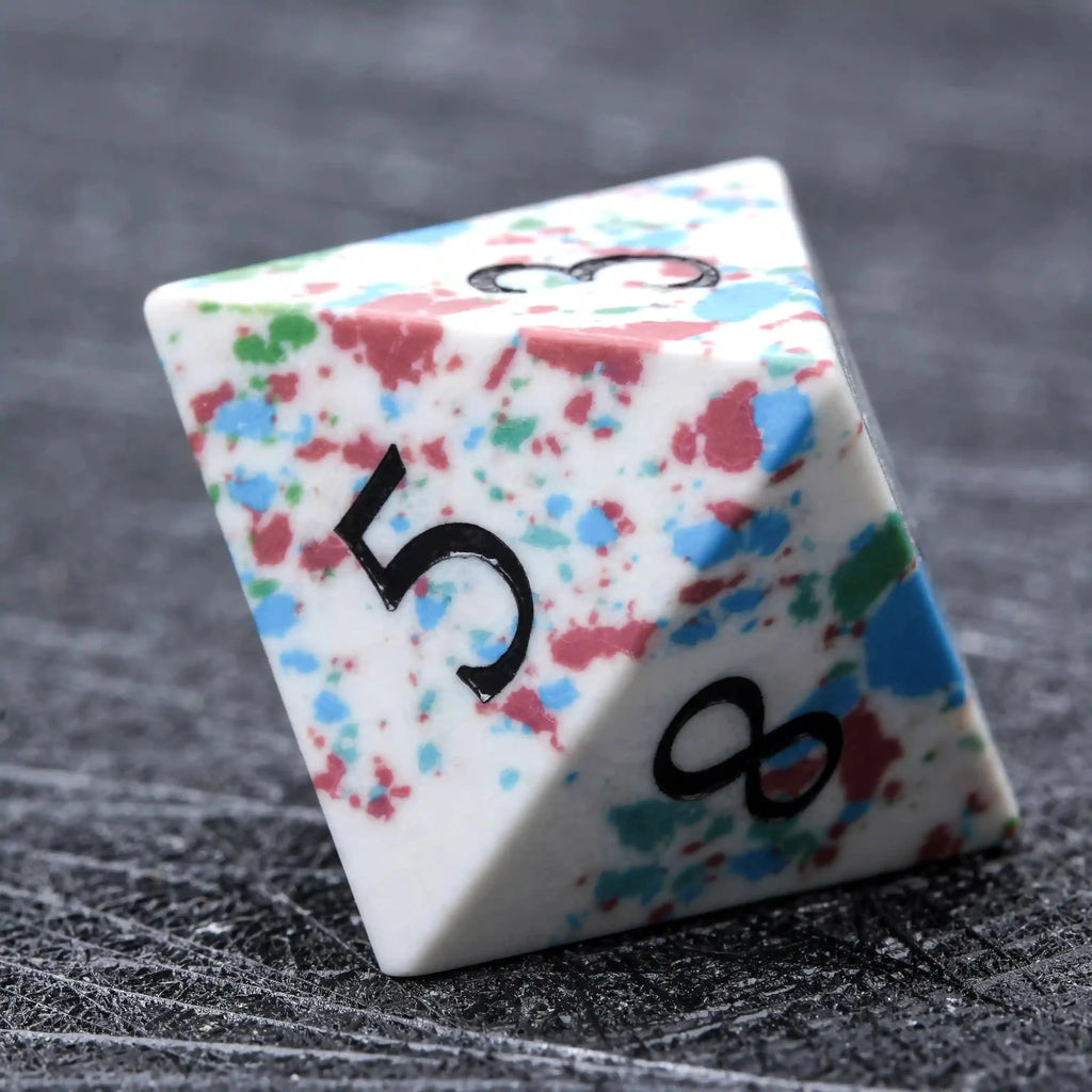 Natural color spotted gemstone DND dice set + black font