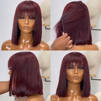 New Arrival Burgundy Red Short Human Hair Wig With Fringe for Women Straight Remy Hair Bob Wigs With Bangs Dark Brown Balayage Color Wigs For Cosplay