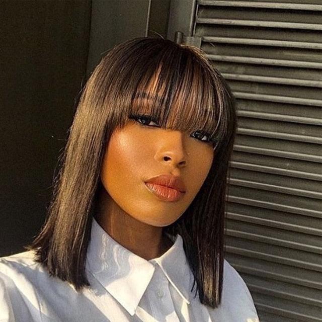 New Arrival Burgundy Red Short Human Hair Wig With Fringe for Women Straight Remy Hair Bob Wigs With Bangs Dark Brown Balayage Color Wigs For Cosplay