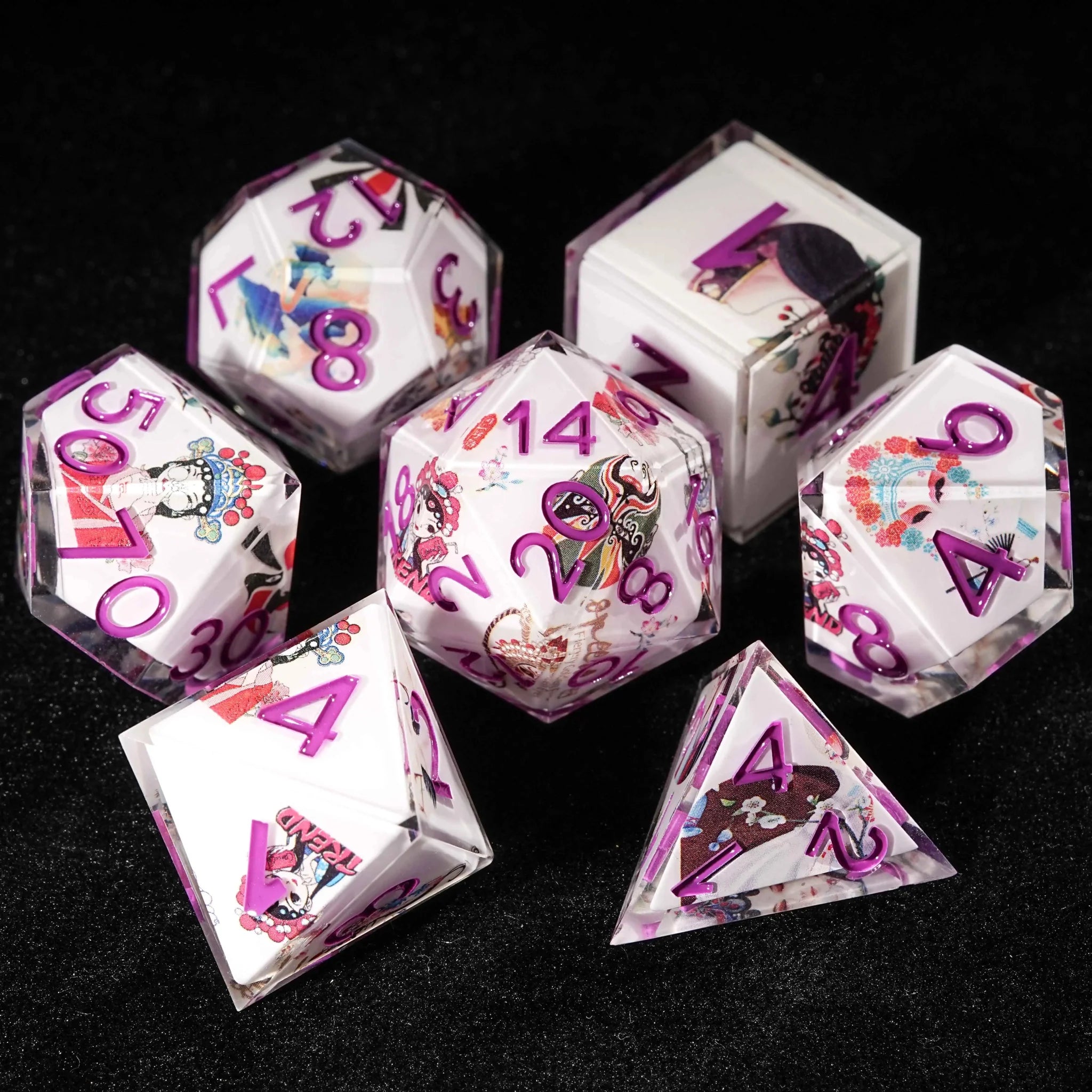 Oriental Culture - White Resin DND Dice Set + Purple Font