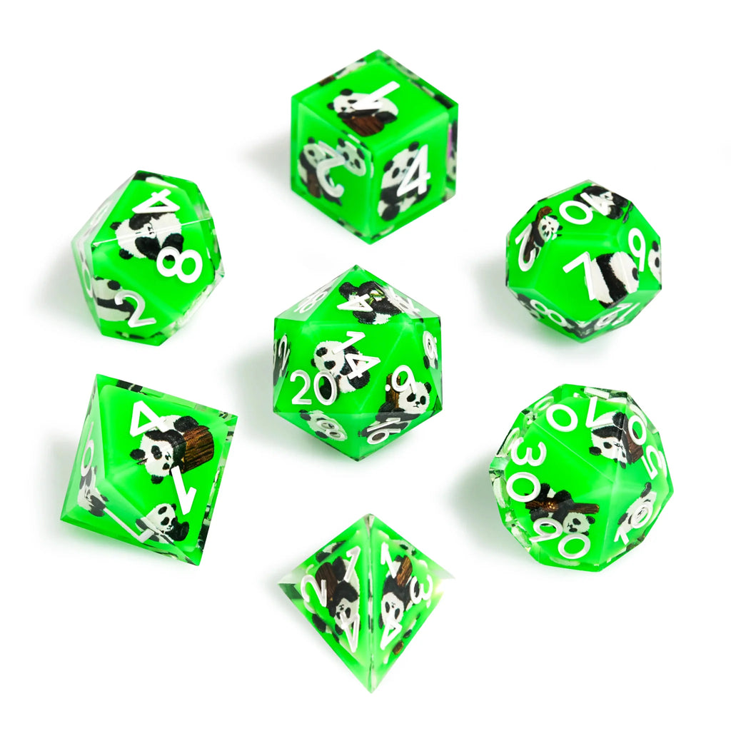 Panda Decal Green Resin DND Dice Set + White Font