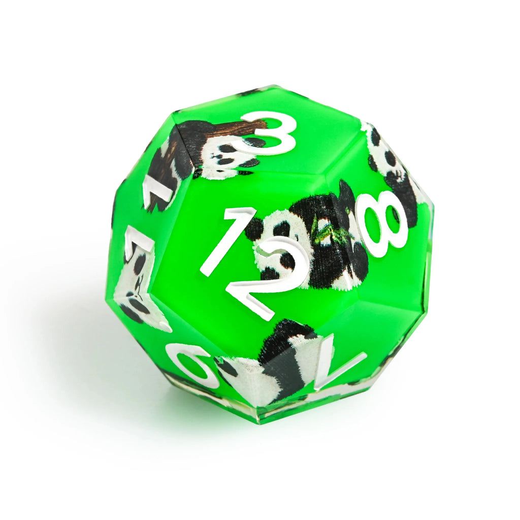 Panda Decal Green Resin DND Dice Set + White Font