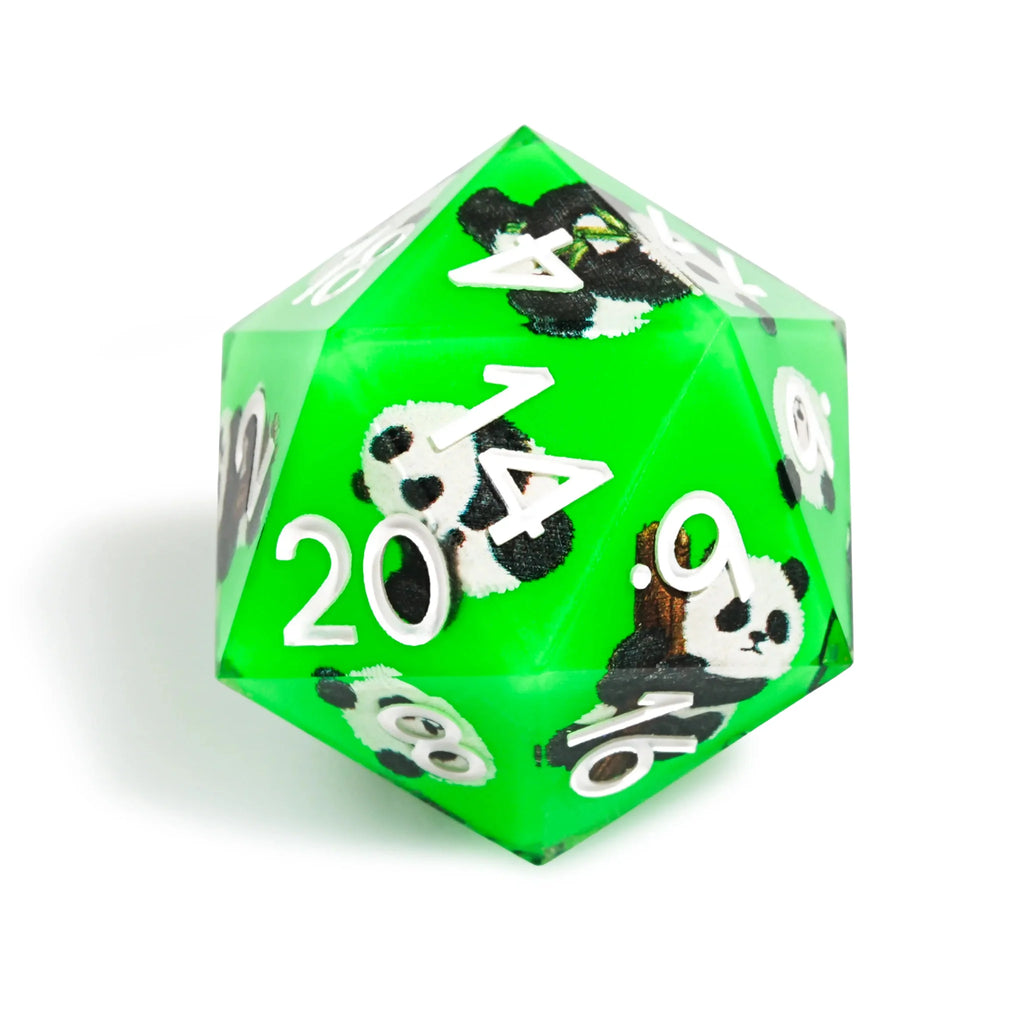 Panda Decal Green Resin DND Dice Set + White Font