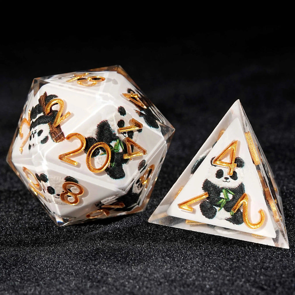 Panda Martial Monk - White Resin dnd Dice Set + Gold Font