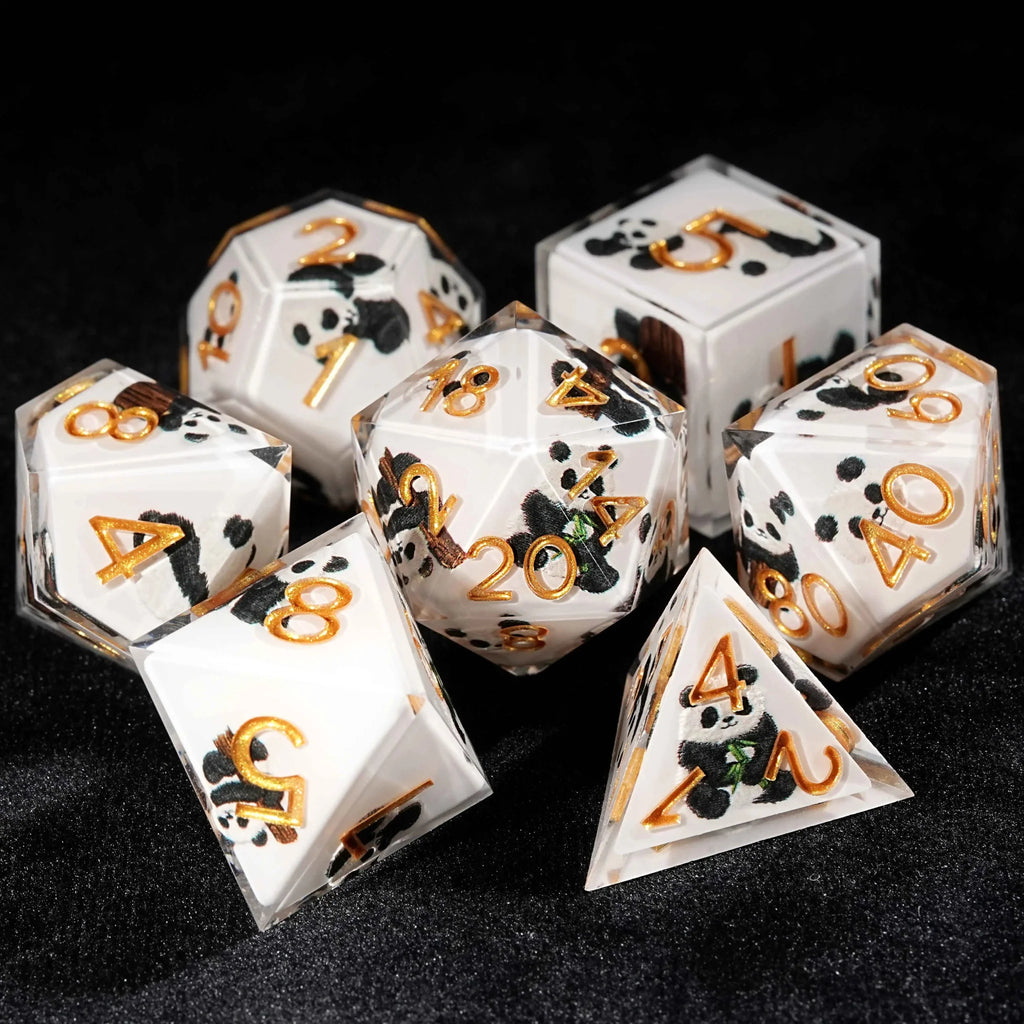 Panda Martial Monk - White Resin dnd Dice Set + Gold Font