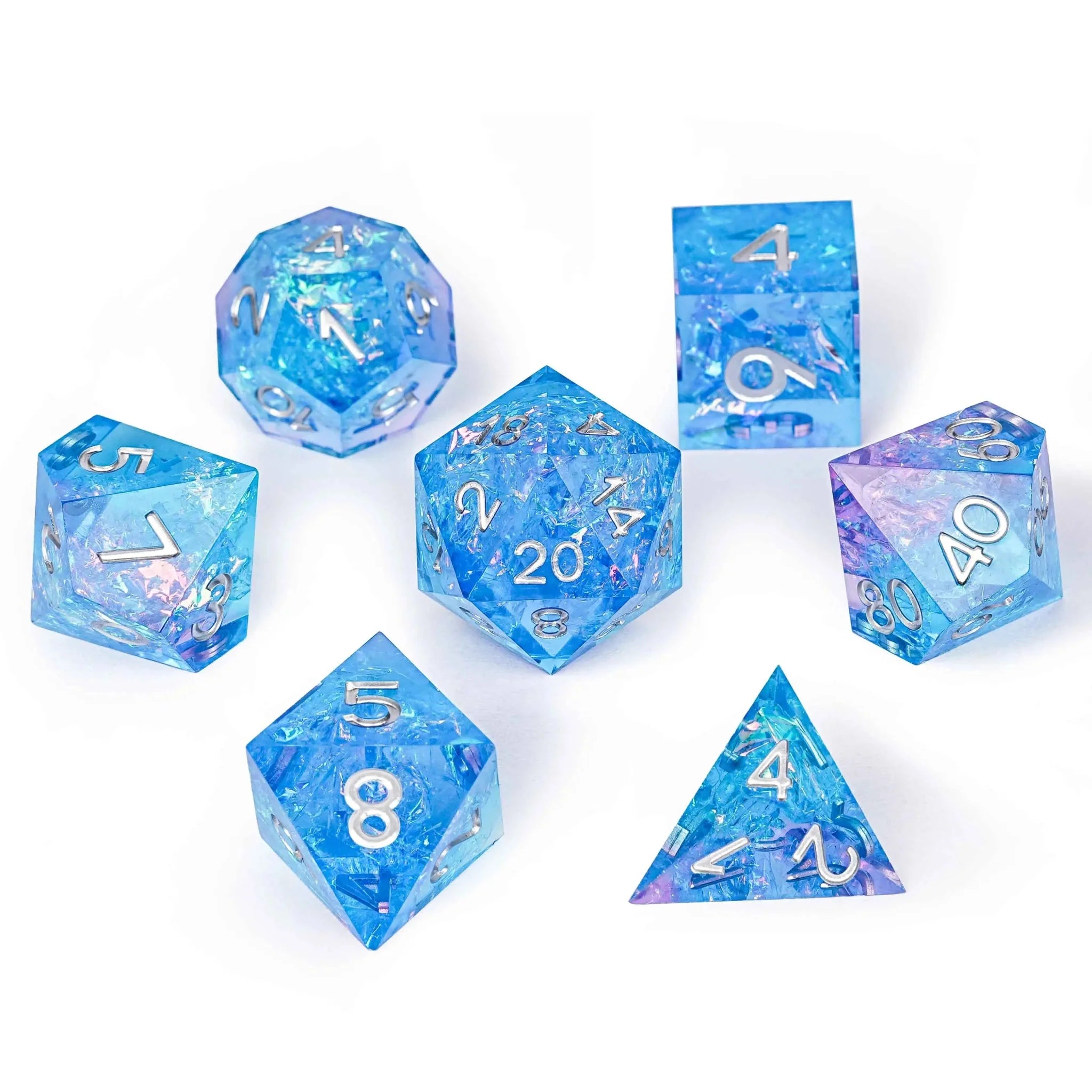 Pink blue iceberg glitter sharp edge DND resin dice set + silver font