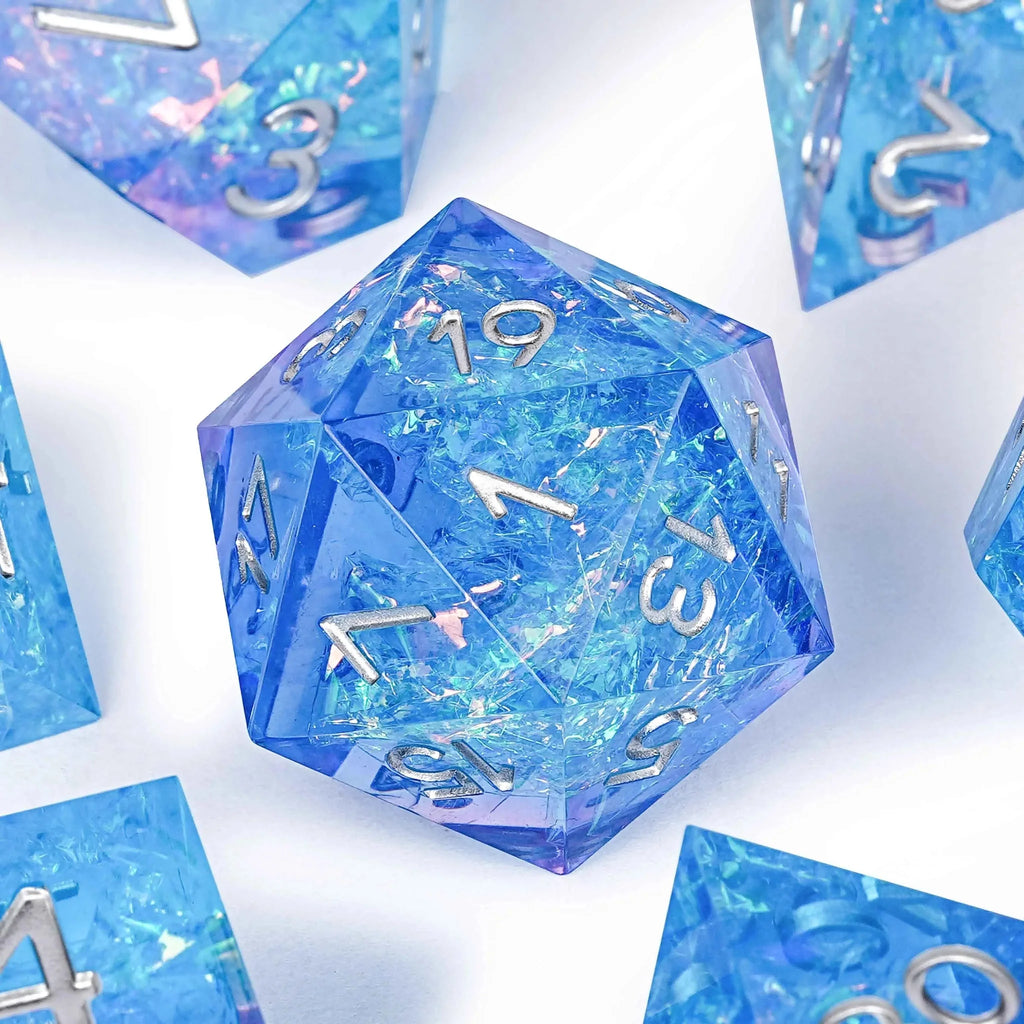 Pink blue iceberg glitter sharp edge DND resin dice set + silver font