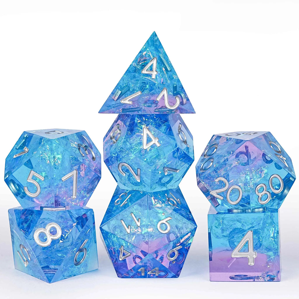 Pink blue iceberg glitter sharp edge DND resin dice set + silver font