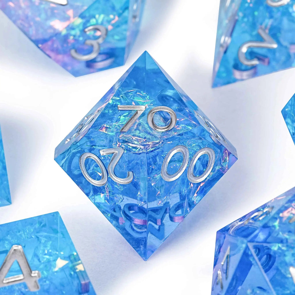 Pink blue iceberg glitter sharp edge DND resin dice set + silver font