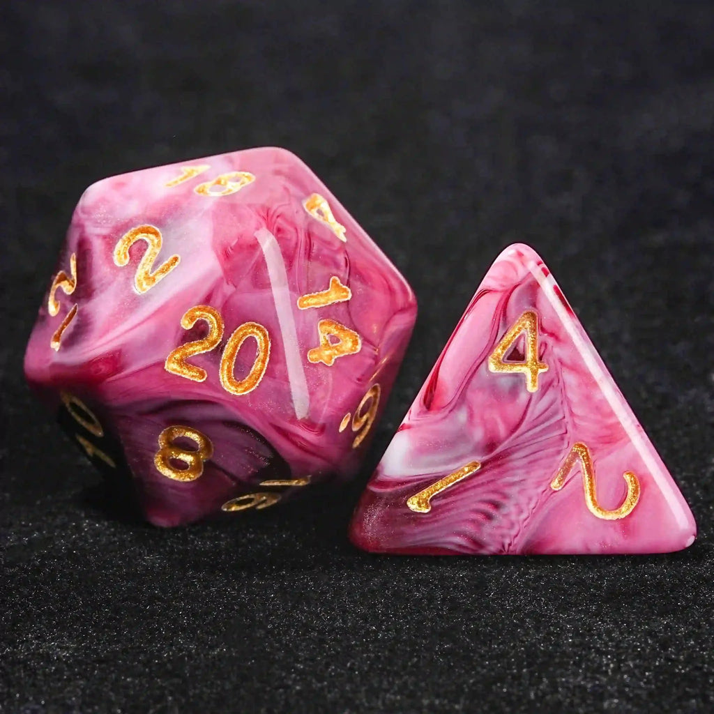 Pink marble texture acrylic DND dice set + gold number
