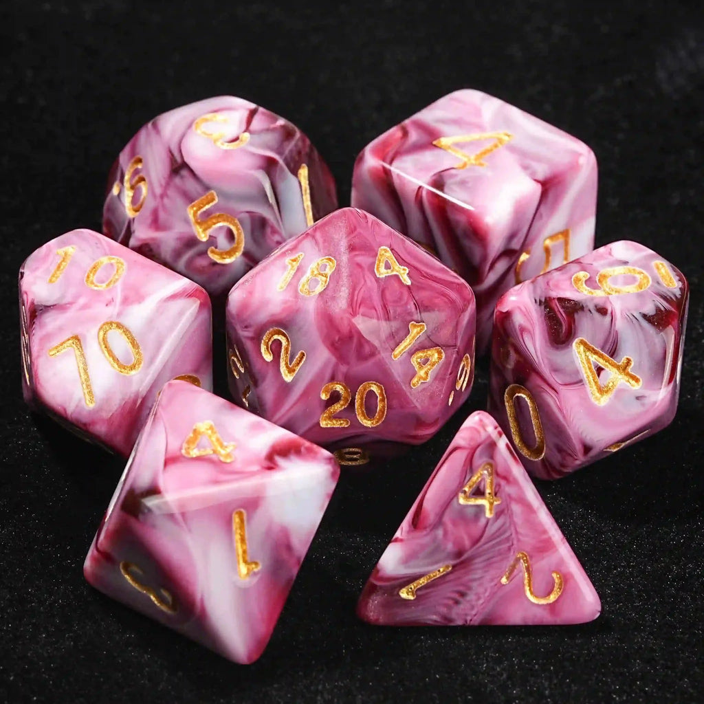 Pink marble texture acrylic DND dice set + gold number
