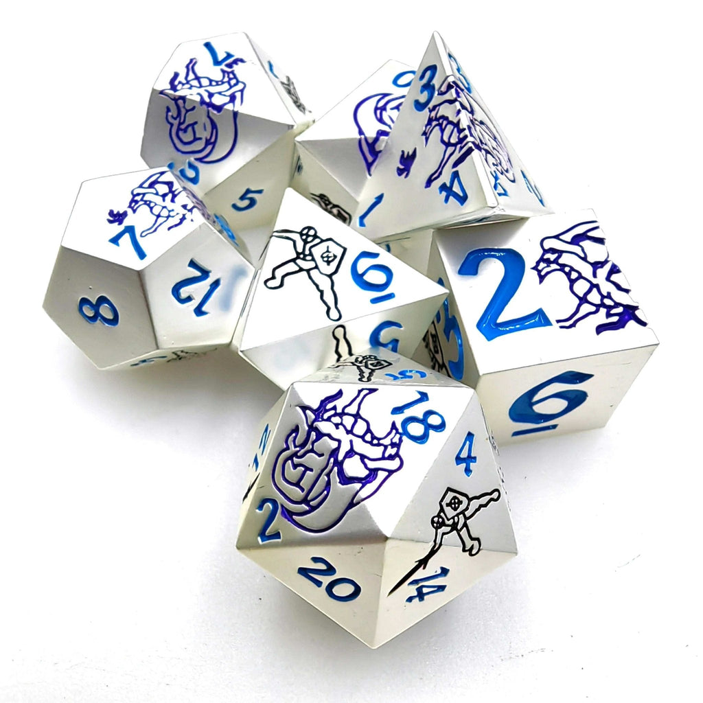 Purple Dragon and Black Warrior White Metal Solid DND Dice Set + Blue Font
