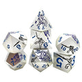 Purple Dragon and Black Warrior White Metal Solid DND Dice Set + Blue Font
