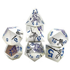 Purple Dragon and Black Warrior White Metal Solid DND Dice Set + Blue Font