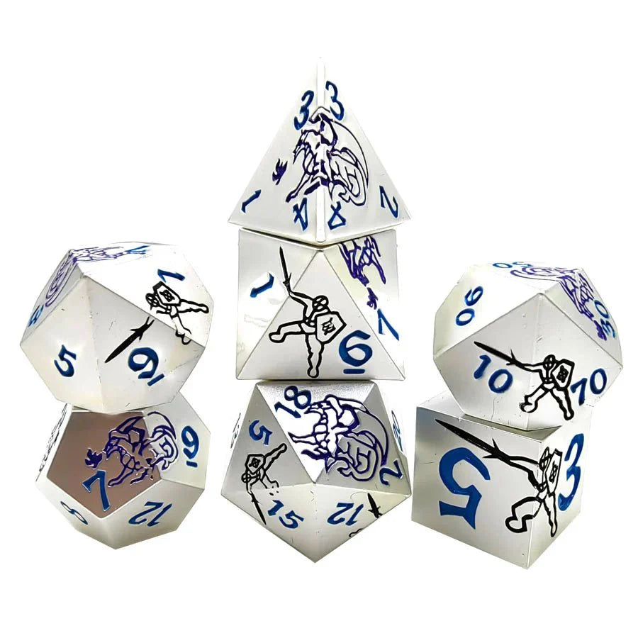 Purple Dragon and Black Warrior White Metal Solid DND Dice Set + Blue Font