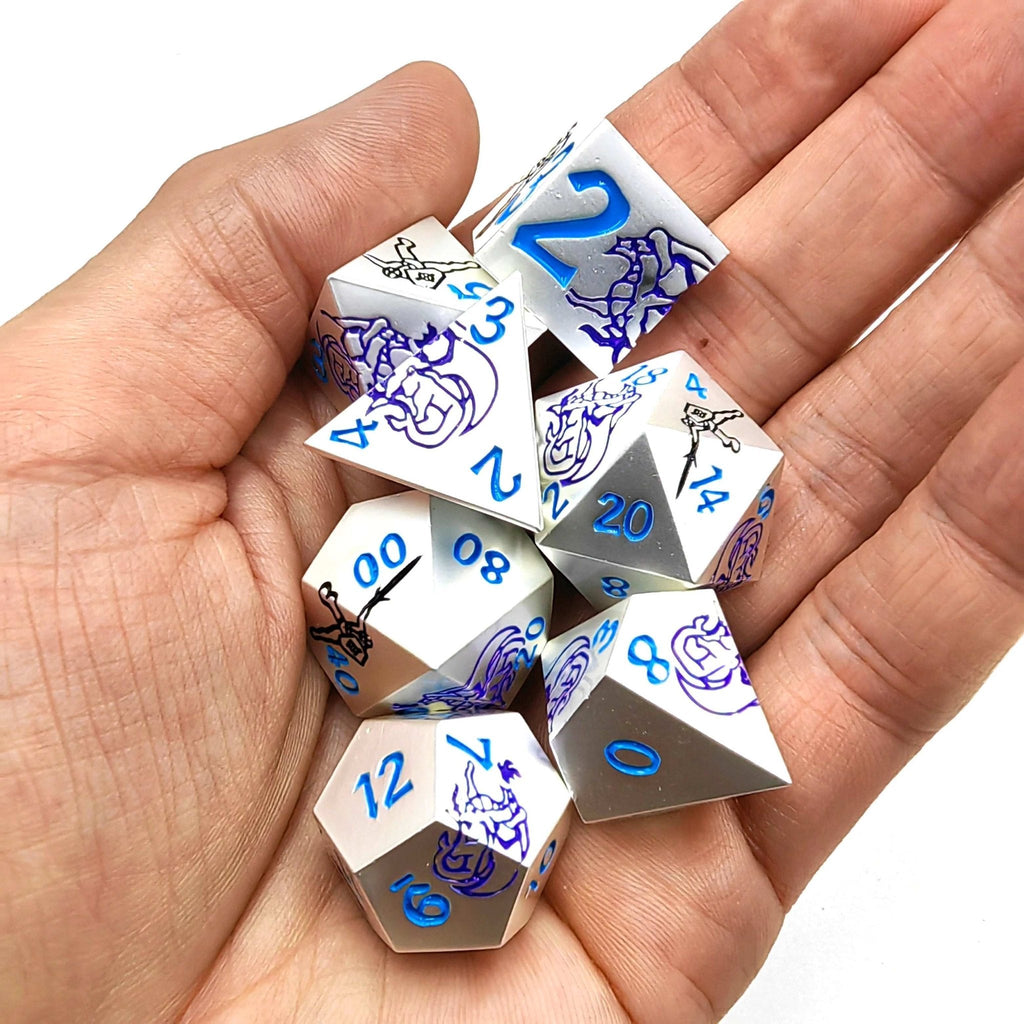 Purple Dragon and Black Warrior White Metal Solid DND Dice Set + Blue Font