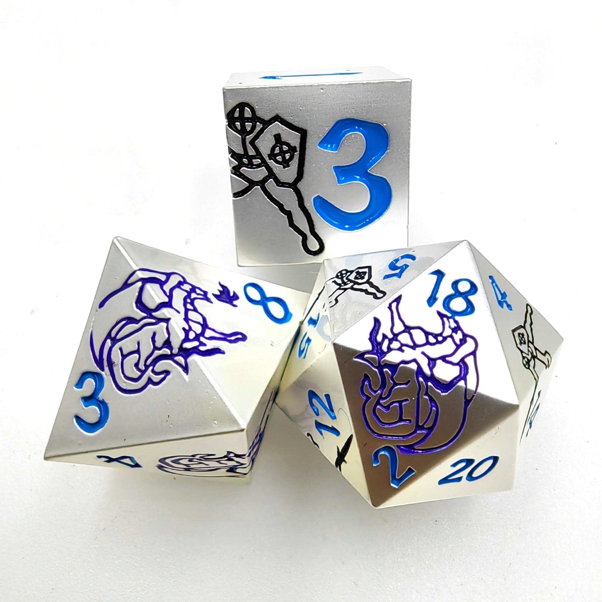 Purple Dragon and Black Warrior White Metal Solid DND Dice Set + Blue Font
