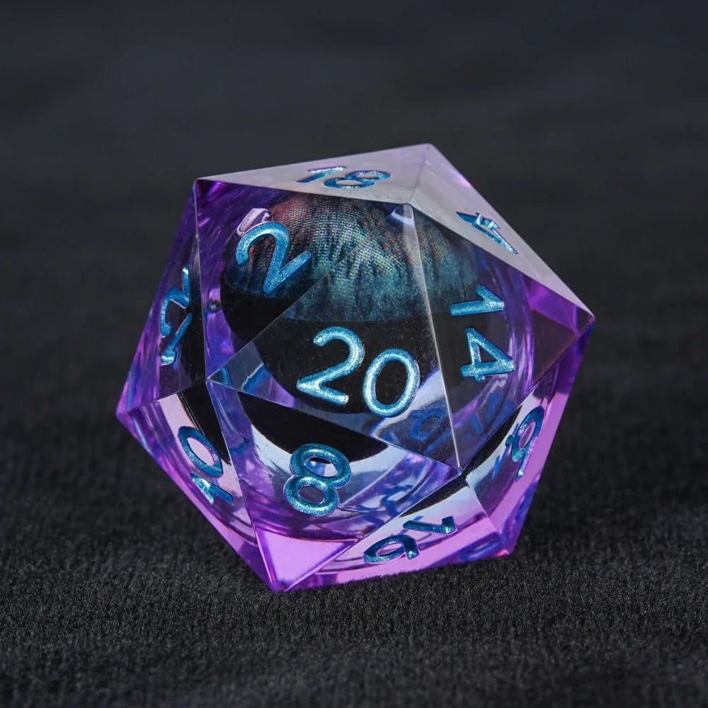 Purple transparent resin liquid core dragon eye DND dice set + Blue Font