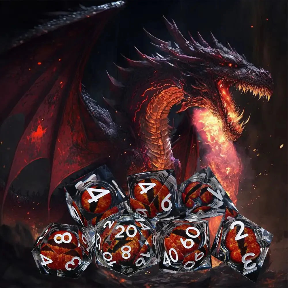 Purple transparent resin liquid core dragon eye DND dice set + Blue Font