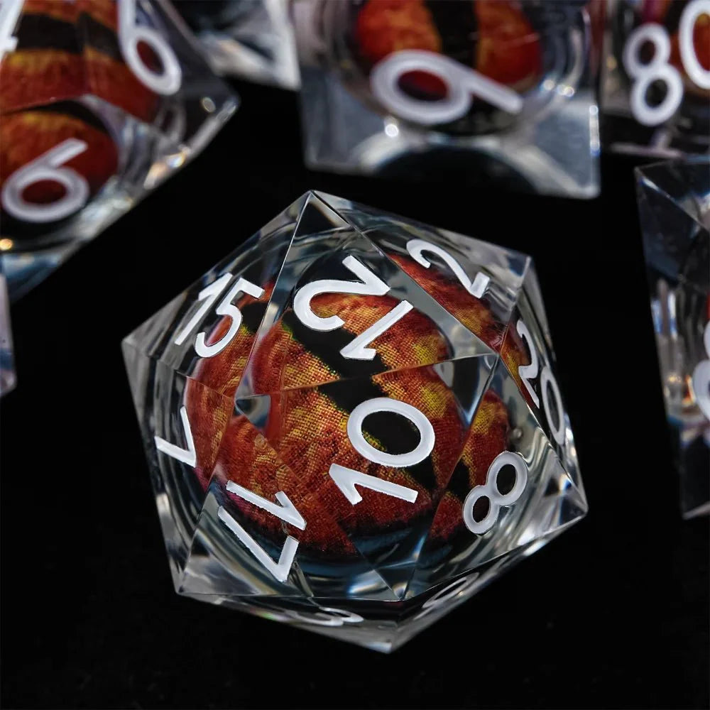 Purple transparent resin liquid core dragon eye DND dice set + Blue Font