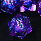 Purple transparent resin liquid core dragon eye DND dice set + Blue Font