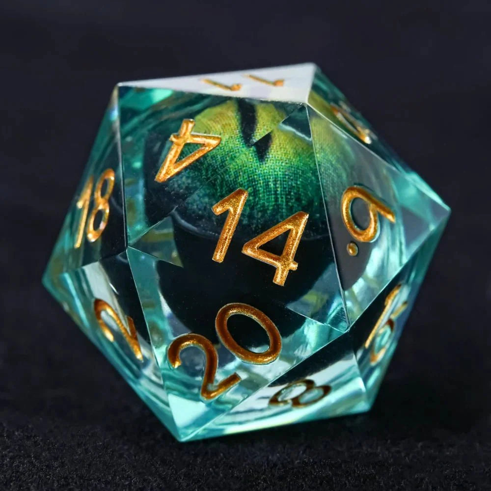 Purple transparent resin liquid core dragon eye DND dice set + Blue Font
