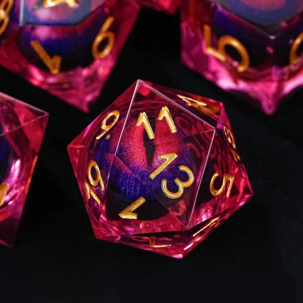 Purple transparent resin liquid core dragon eye DND dice set + Blue Font
