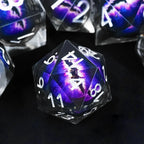 Purple transparent resin liquid core dragon eye DND dice set + Blue Font
