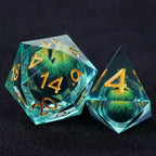 Purple transparent resin liquid core dragon eye DND dice set + Blue Font