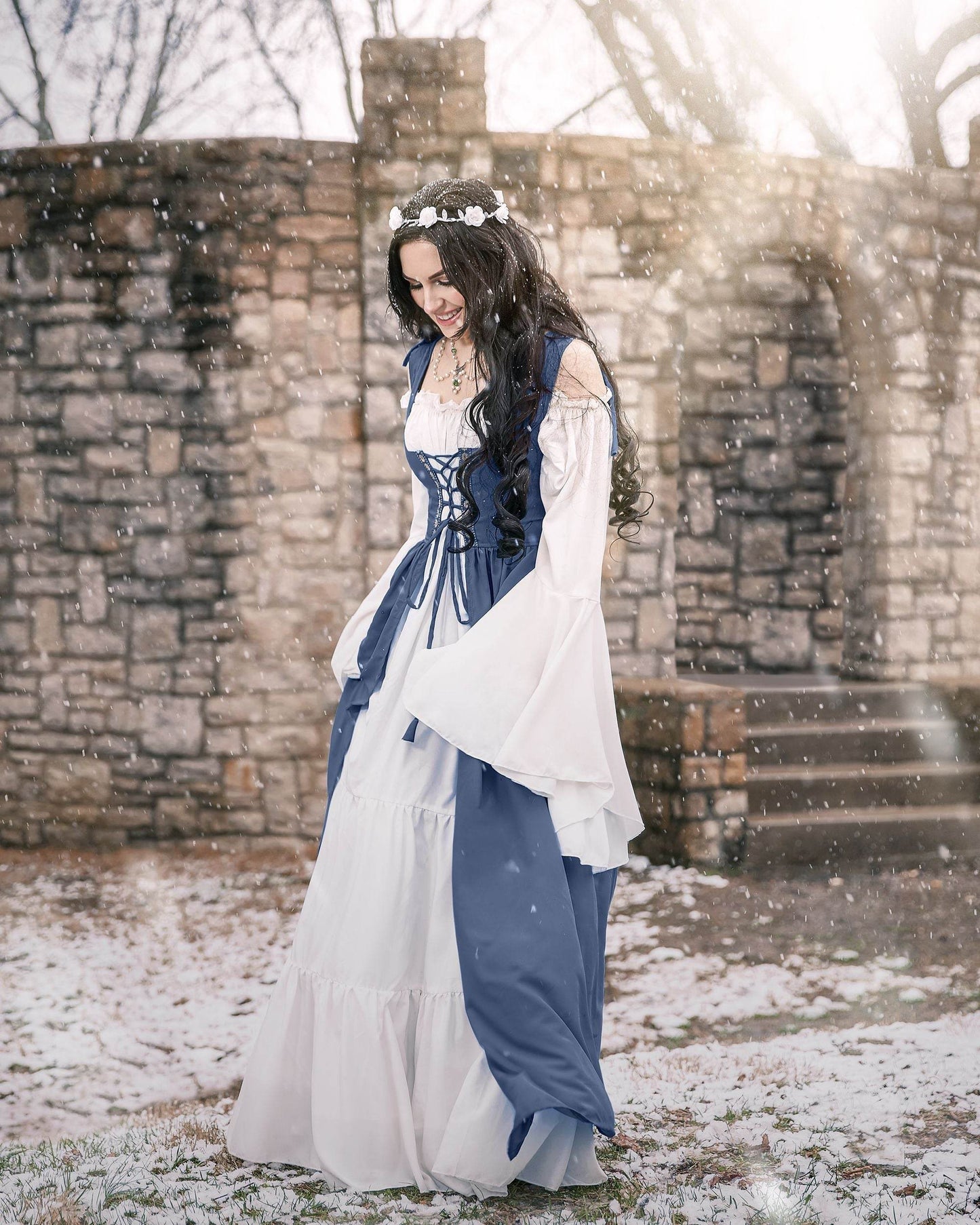 Renaissance Faire 2 piece Full Costume Irish Dress & Long-Sleeved Chemise - XXS/XS / Steel Blue
