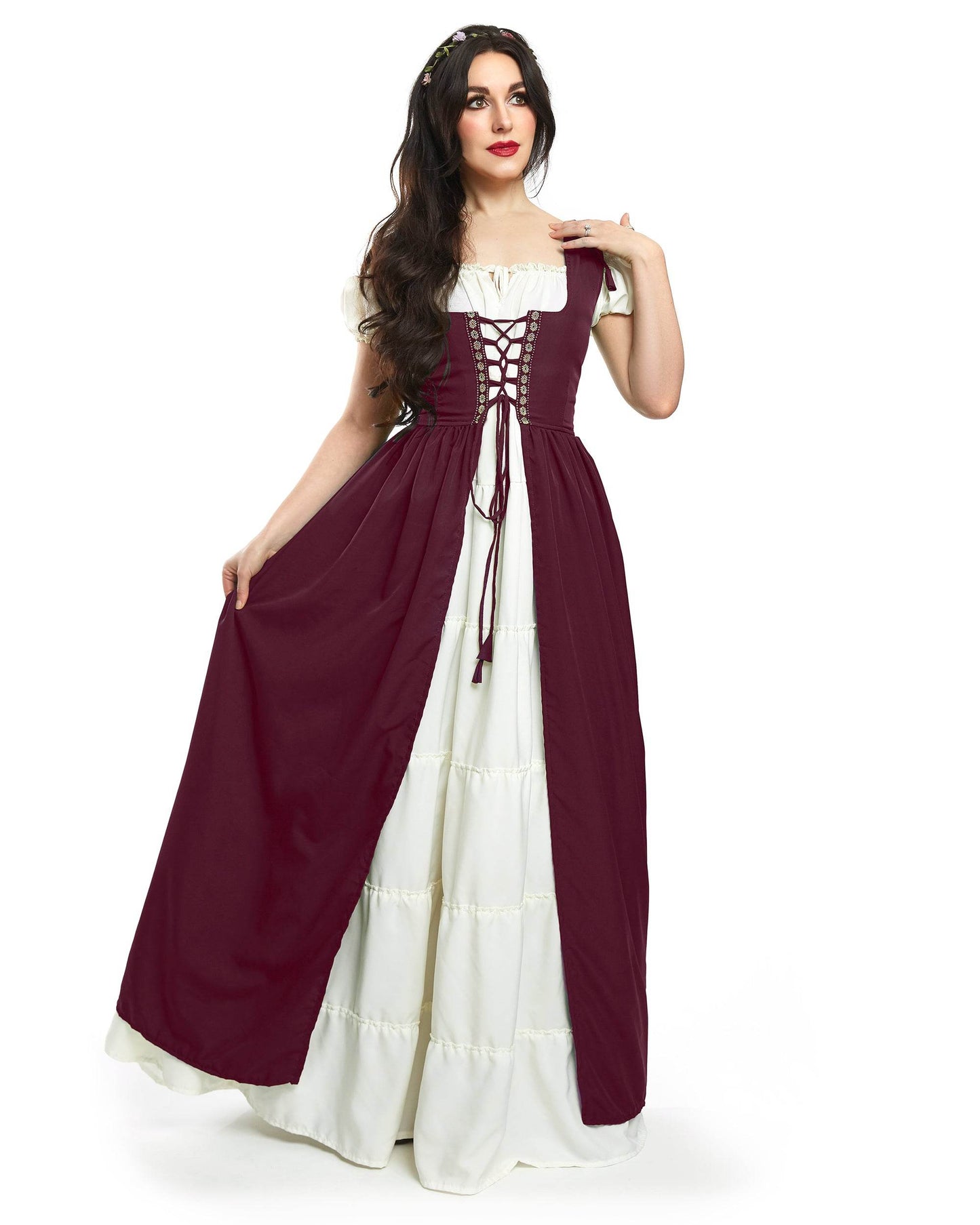 Renaissance Faire Dress Medieval Costume Irish Boho Full Costume - XXS/XS / Burgundy