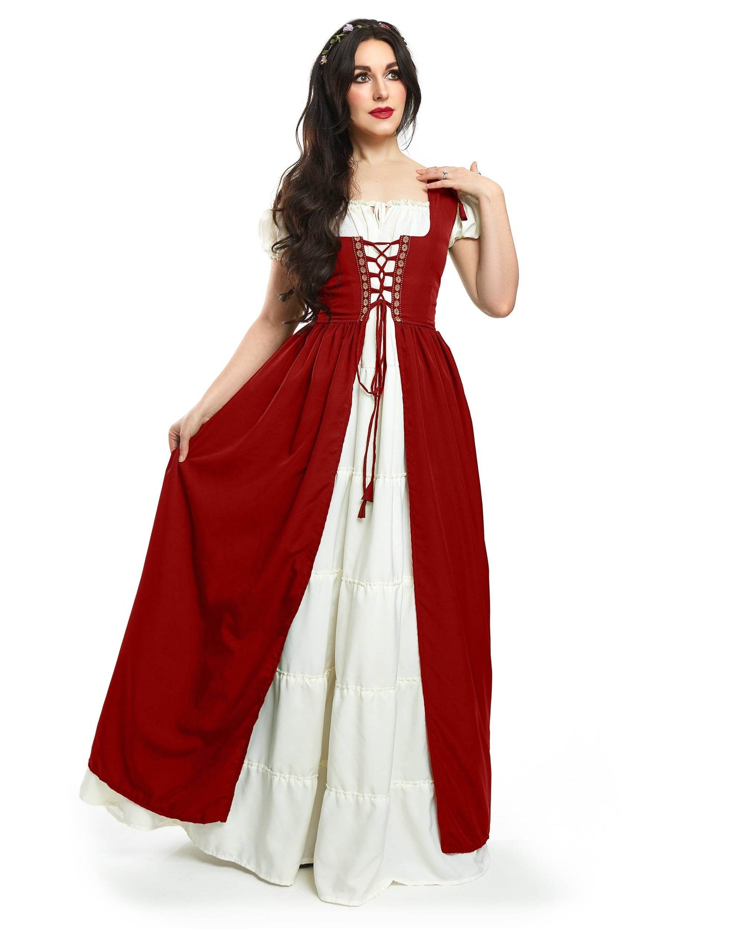 Renaissance Faire Dress Medieval Costume Irish Boho Full Costume - XXS/XS / Cranberry