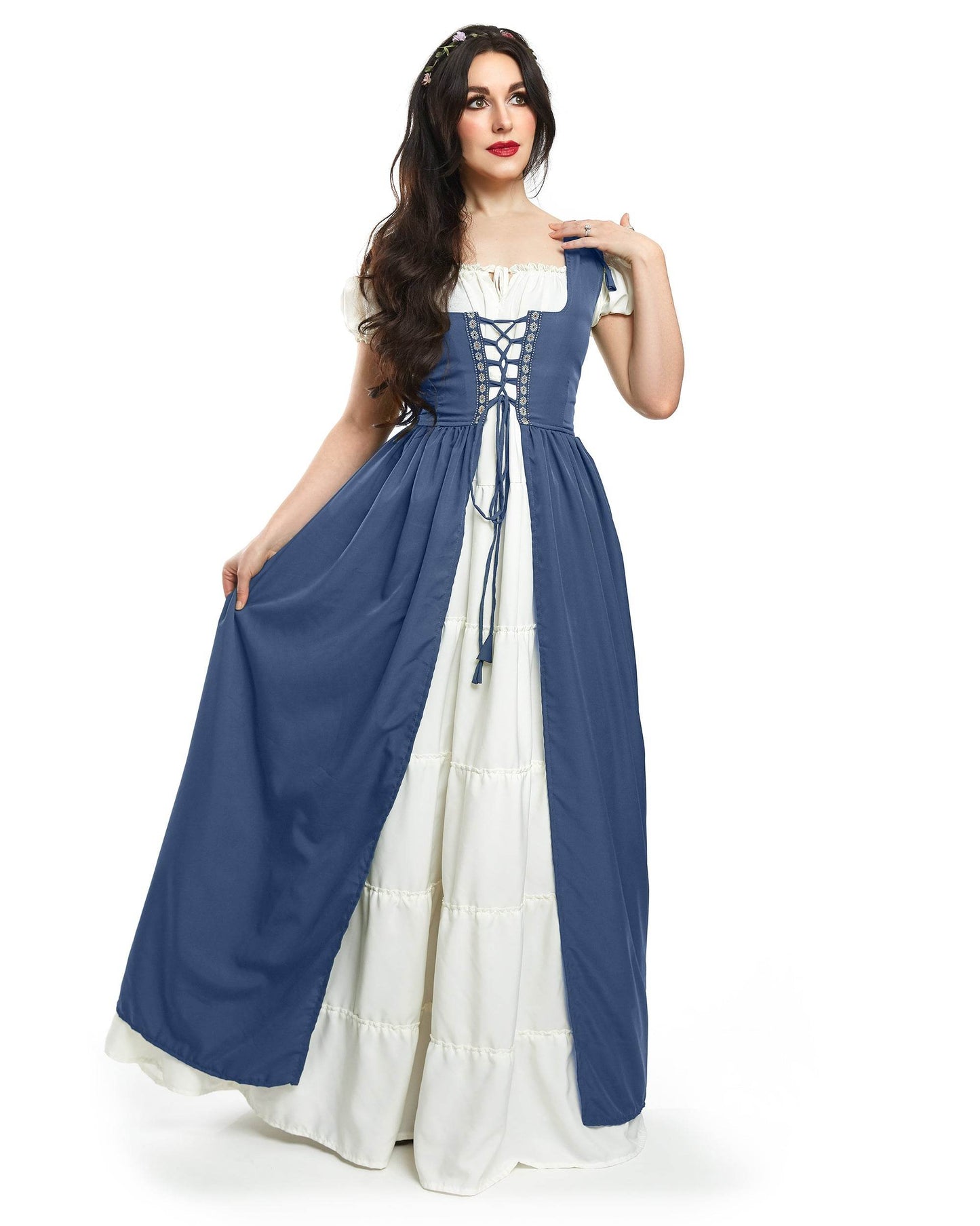 Renaissance Faire Dress Medieval Costume Irish Boho Full Costume - XXS/XS / Steel Blue