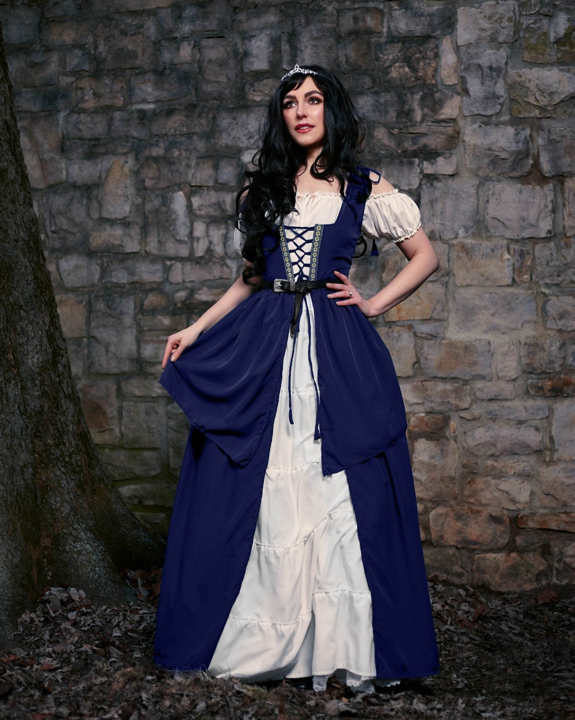 Renaissance Faire Layered Full Costume Fitted Lace-up Irish Dress with Capped Sleeve Chemise - Indigo Blue / XXS/XS