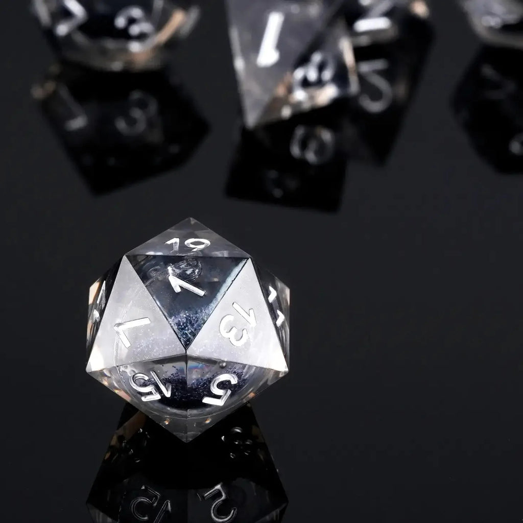 Transparent Resin Black Quicksand Glitter Liquid Core Dice Set with Silver Numbers