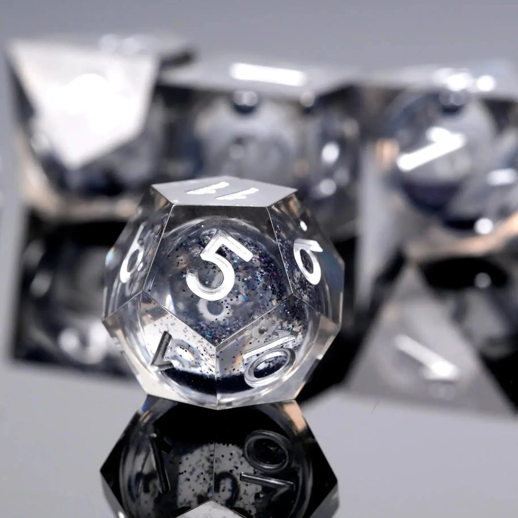 Transparent Resin Black Quicksand Glitter Liquid Core Dice Set with Silver Numbers