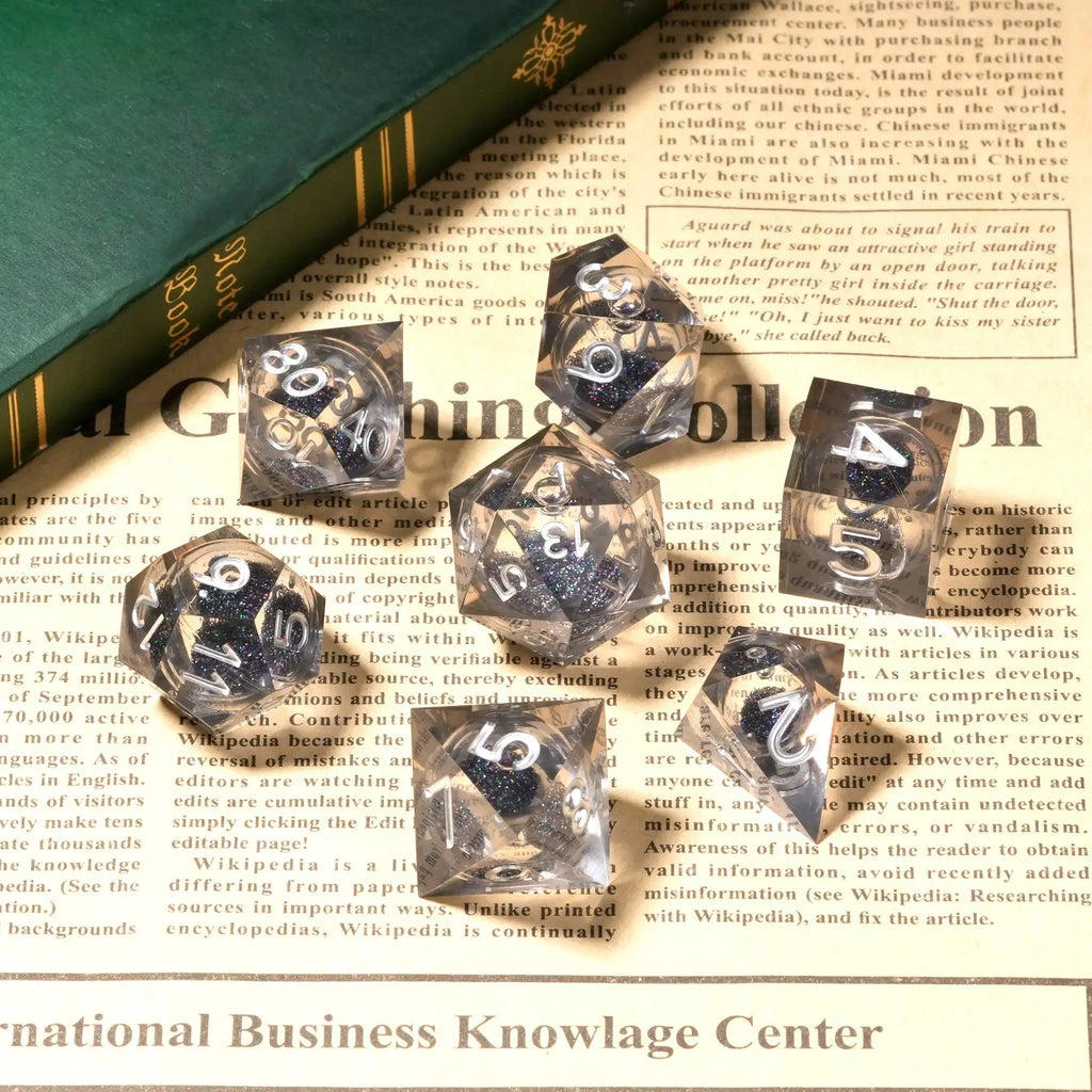 Transparent Resin Black Quicksand Glitter Liquid Core Dice Set with Silver Numbers