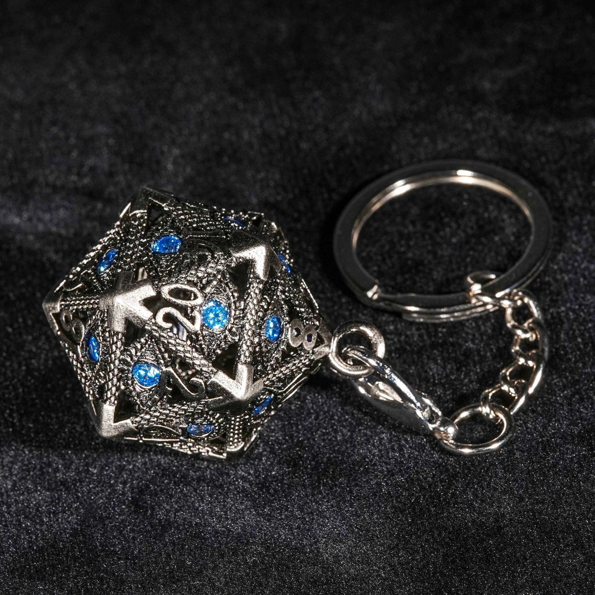Sapphire Dragon Eye Metal Hollow D20 Dice Cage Keychain + 7 Mini Metal Dice Set