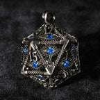 Sapphire Dragon Eye Metal Hollow D20 Dice Cage Keychain + 7 Mini Metal Dice Set