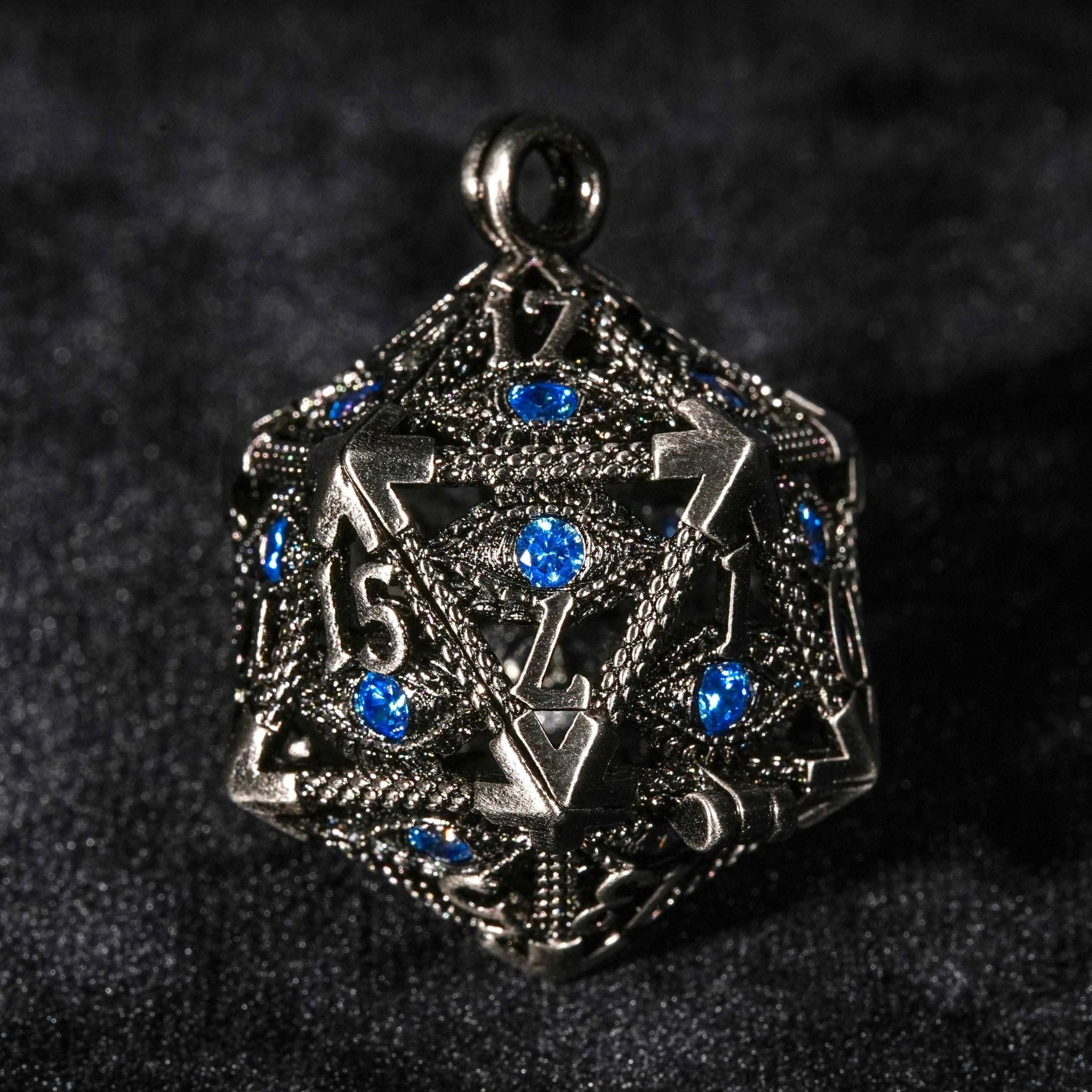 Sapphire Dragon Eye Metal Hollow D20 Dice Cage Keychain + 7 Mini Metal Dice Set