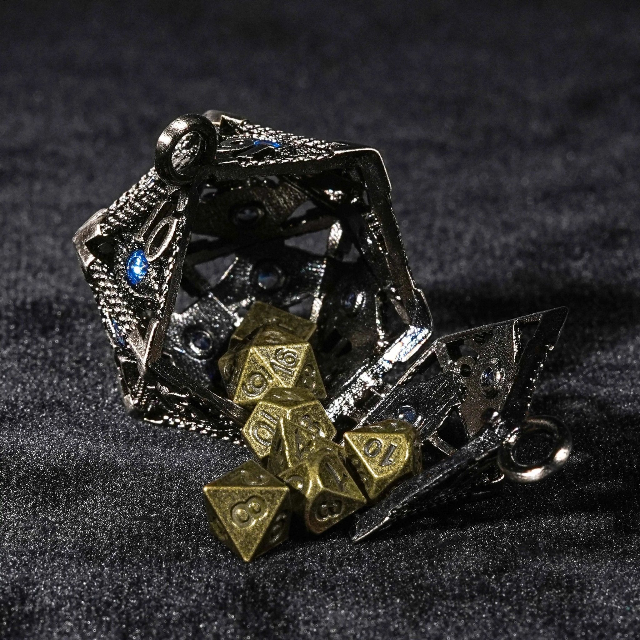 Sapphire Dragon Eye Metal Hollow D20 Dice Cage Keychain + 7 Mini Metal Dice Set