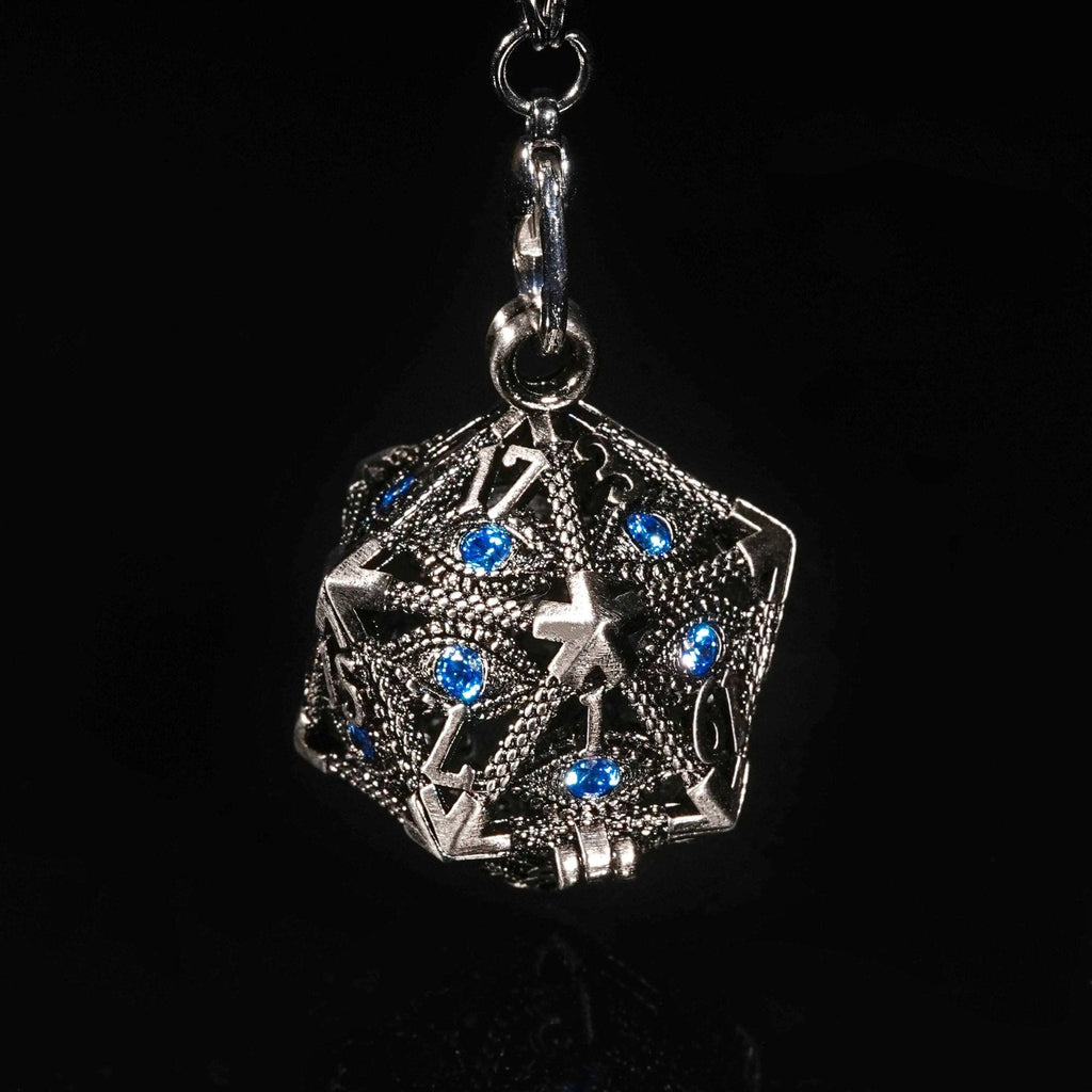 Sapphire Dragon Eye Metal Hollow D20 Dice Cage Keychain + 7 Mini Metal Dice Set