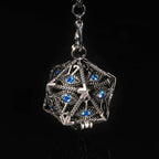 Sapphire Dragon Eye Metal Hollow D20 Dice Cage Keychain + 7 Mini Metal Dice Set