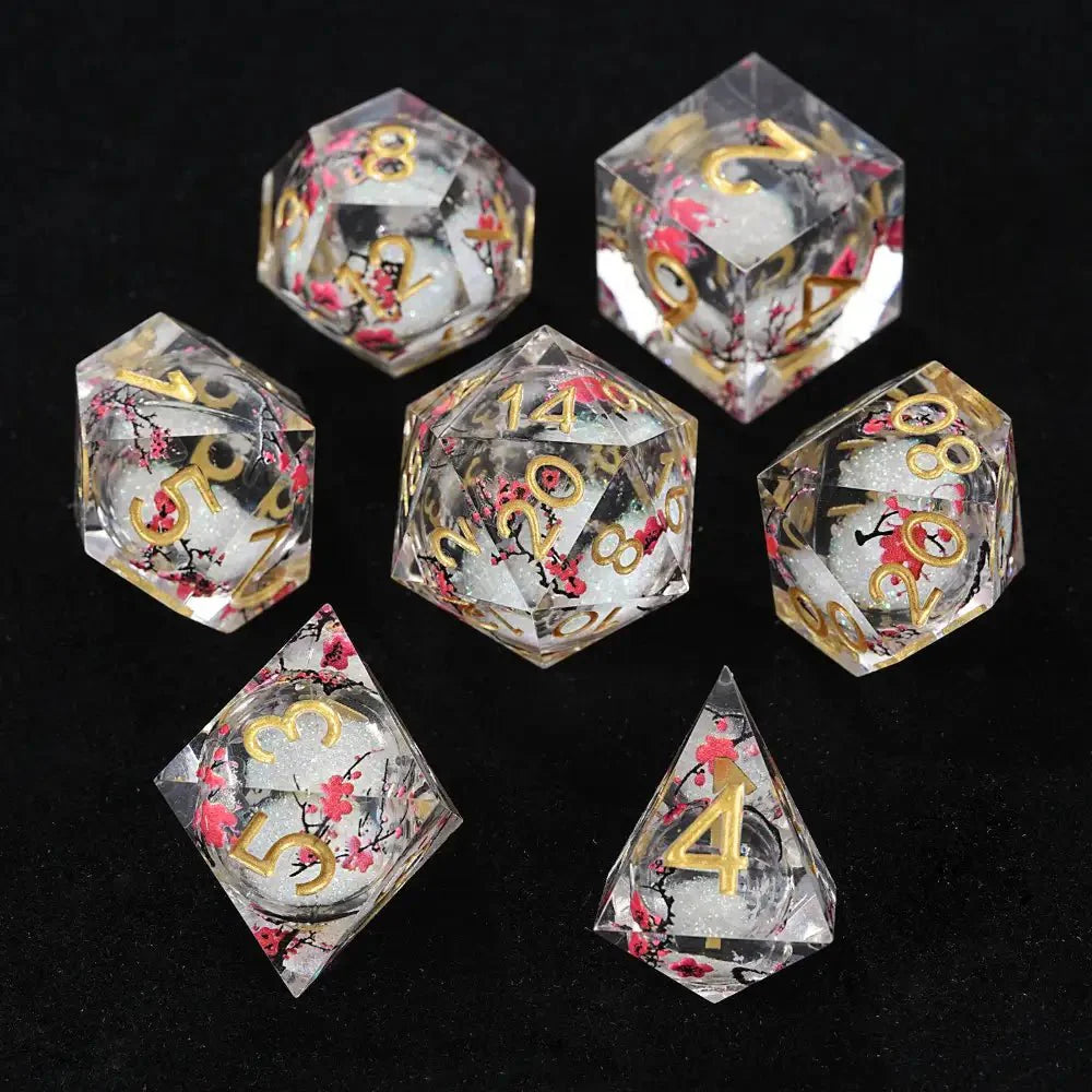 Sharp-edged plum blossom resin DND dice set + gold numbers
