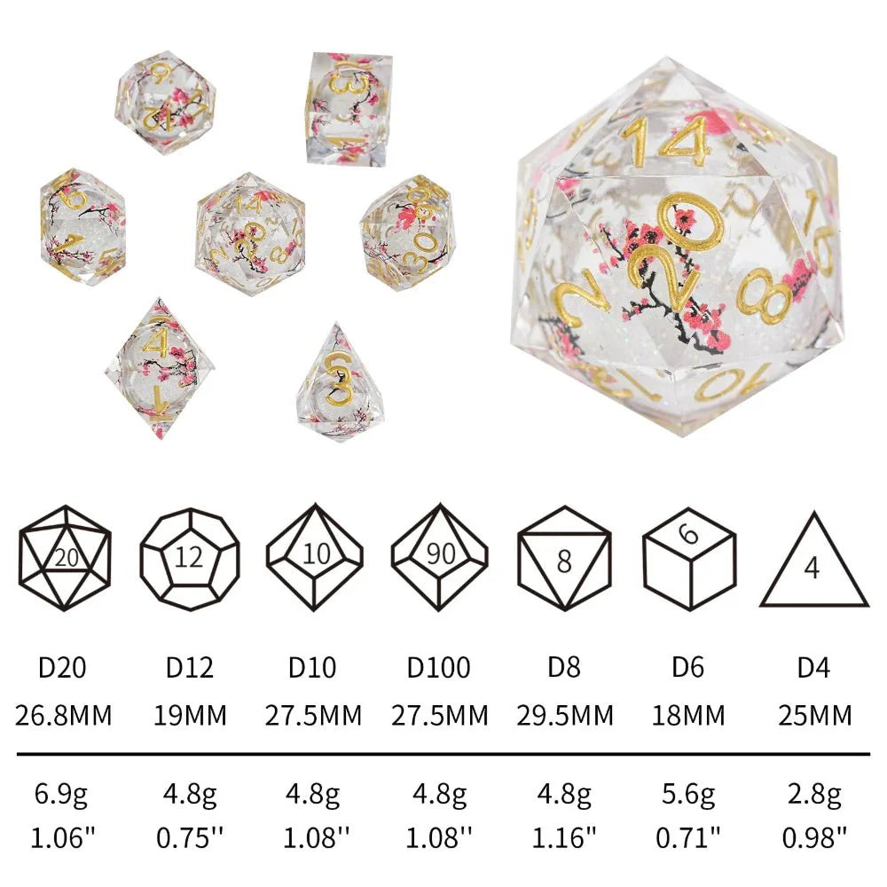 Sharp-edged plum blossom resin DND dice set + gold numbers