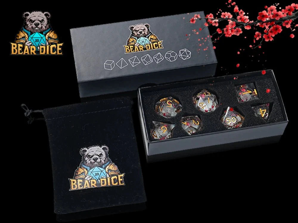 Sharp-edged plum blossom resin DND dice set + gold numbers